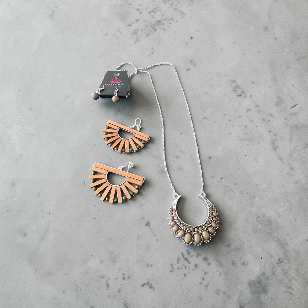 Paparazzi Silver Crescent Moon Stone Necklace and Wood Fan Earrings Jewelry Set